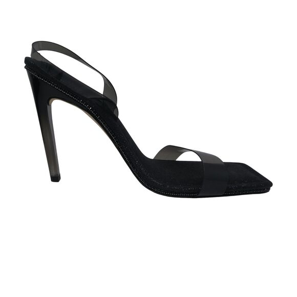 Good American Black Crystal Crush PVC Glitter Bling Open Square Toe Heels - Picture 5 of 12